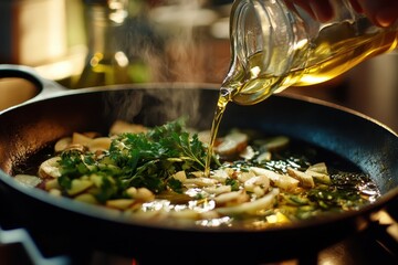 Pouring vegetable oil into a skillet with fresh herbs and vegetables in a warm kitchen setting, Pouring Vegetable Oil Cookery Detail 2 Versions