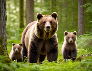 Fototapeta premium Adorable brown bear mother and cubs roam freely in a sun-dappled forest, surrounded by lush greenery, showcasing tender family bonding in a serene wilderness setting. brown bear in the forest.