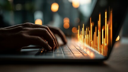 Person Typing on Laptop with Digital Data Visualization and Blurred Background