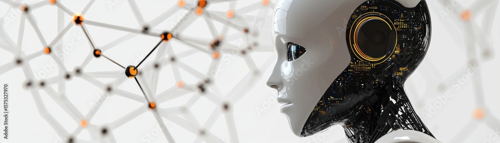 Poster futuristic humanoid robot head with intricate circuits, facing a complex, abstract network of connec