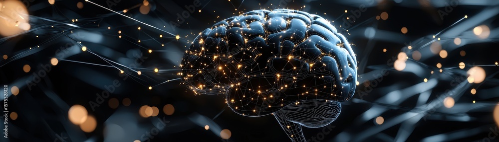 Poster a digital illustration of a glowing brain with interconnected neural nodes and pathways, symbolizing