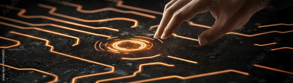 Poster a hand interacts with a glowing, futuristic digital interface featuring circuit-like patterns on a d