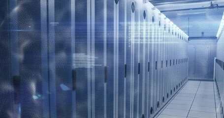 On load camera gliding down narrow server rack aisle showing live data overlays toward sealed door - Powered by Adobe