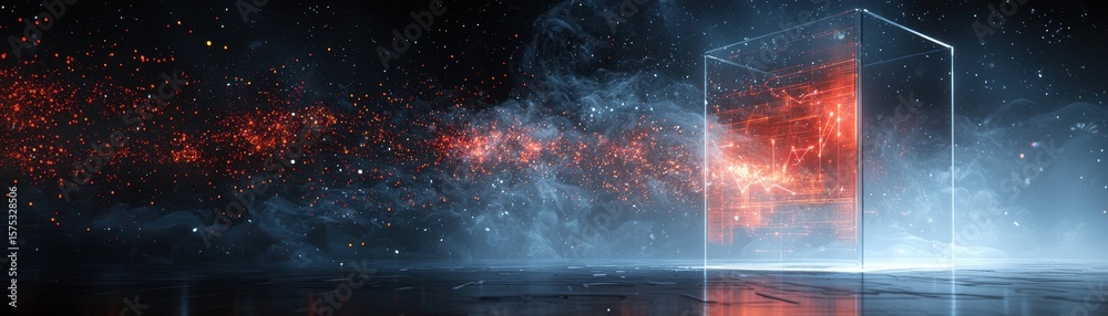 Poster A glowing red digital network within a transparent cube floats in a dark, misty environment with scattered particles, evoking futuristic technology and data visualization, AI pipeline network