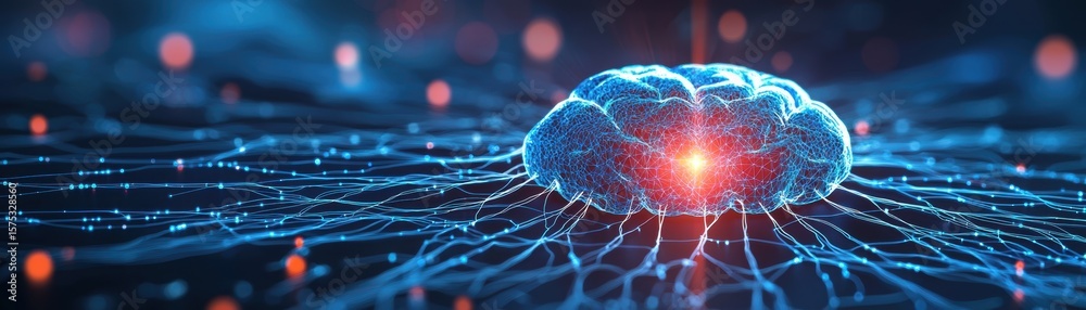Poster a digital brain illuminated with glowing neural connections symbolizes artificial intelligence and a