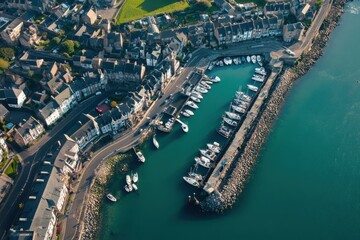 Obraz premium Discover Newhaven Harbour marina in the south of the United Kingdom with vibrant boats and scenic views at sunrise, Newhaven harbour marina port in south United Kingdom seaside town, aerial houses