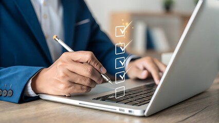 Completing Tasks on Computer: Person Marking Checklist Boxes on Laptop Screen for Business or Project Management.