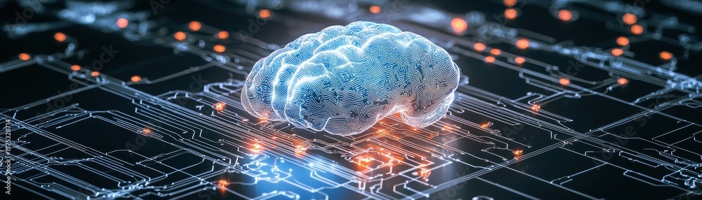 Poster a digital brain model glowing atop a complex circuit board, symbolizing artificial intelligence and 