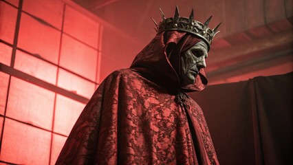 Naklejka premium Surreal Portrait of Figure in Red Royal Robe with Wrapped Head and Gothic Crown under Red Light for dark symbolic art
