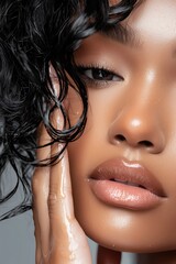 Close-up of a beautiful woman with glossy skin, soft lips, and curly hair, exuding confidence and beauty in a minimalistic scene