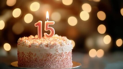 Happy birthday 15 celebration with a sweet chocolate cake, candles, and festive decoration - Powered by Adobe