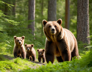 Obraz premium Adorable brown bear mother and cubs roam freely in a sun-dappled forest, surrounded by lush greenery, showcasing tender family bonding in a serene wilderness setting. Background with the bear family.