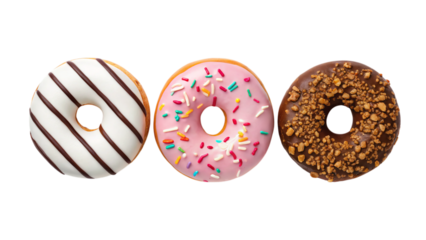 Delicious donuts glazed and sprinkled sweet treats bakery shop food photography on transparent background