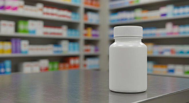 Generic Medicine Bottle on Pharmacy Counter Healthcare Drugstore Pills Vitamins Supplements Medical Treatment Pharmacy Interior Blank Label