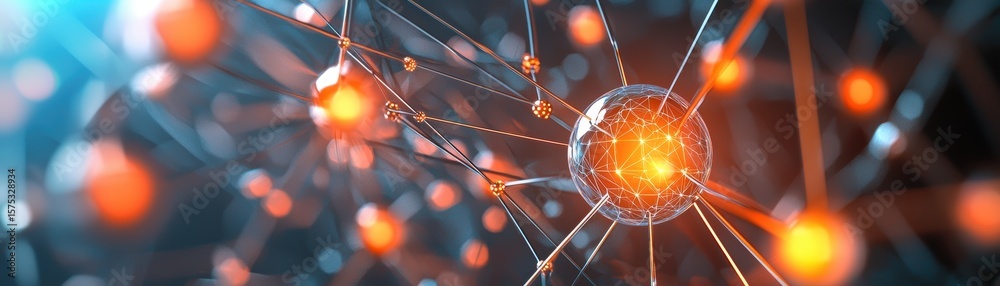 Poster abstract digital illustration of a glowing network node connected by wires, symbolizing data flow or