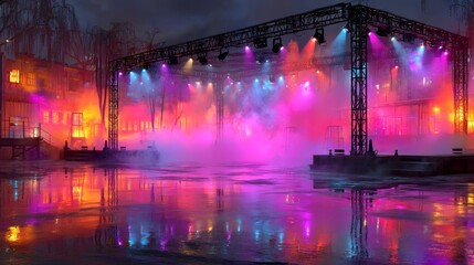 Colorful Concert Stage with Fog and Vibrant Lighting at Night