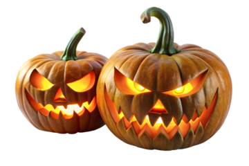 Two Glowing Jack O Lanterns with Evil Faces on Transparent Background glowing jack lanterns menacing expressions perfect for Halloween designs The transparent background makes easy