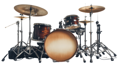 Professional drum kit with mic setup and studio accessories, background isolated on a Transparent background, PNG file.