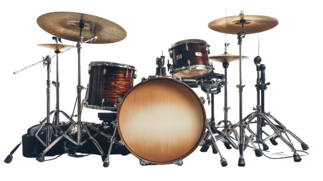 Professional drum kit with mic setup and studio accessories, background isolated on a Transparent background, PNG file.