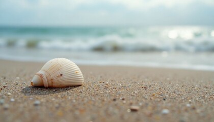 Tranquil seascape featuring a seashell resting on the sandy beach near the ocean waves.