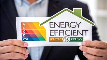 Exploring Energy Efficiency: Man Presents Net Zero, Currency-Saving Home Rating, Climate Action Illustration for Sustainability.