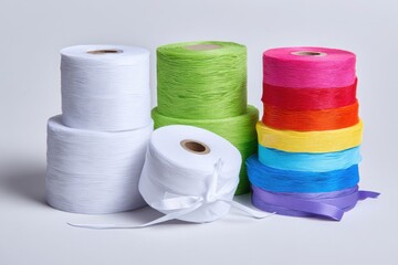 Assorted colorful spools of ribbon and thread arranged neatly on a light background