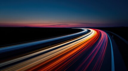 Vibrant light trails of cars speeding on a highway at dusk