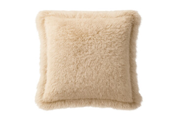 Square fluffy pillow with beige faux fur lying on a transparent background, perfect for adding a touch of comfort to any design