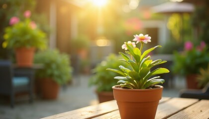 A potted flower on a wooden table basks in warm sunlight, evoking a serene and peaceful afternoon