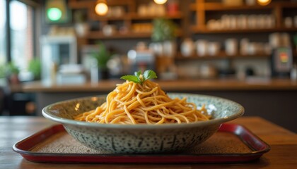 A delicious bowl of spaghetti with a sprig of mint is ready to eat in a cozy restaurant.