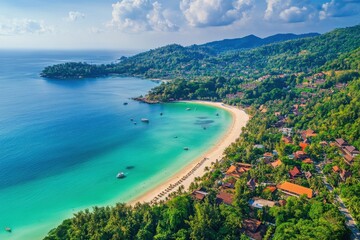 Beautiful vacation resorts along the serene coast south of Patong beach in Thailand, Vacation resorts in Thailand South of Patong beach in Phuket island aerial view