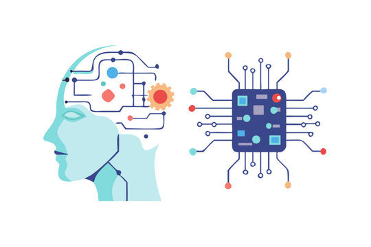 Artificial intelligence concept with a human head profile connected to a computer chip and circuitry symbolizing neural networks and data processing