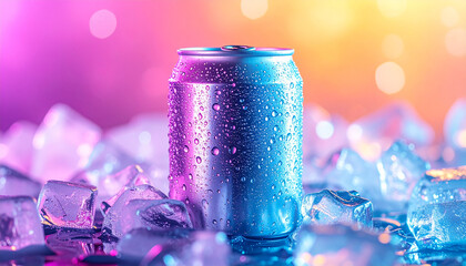 Aluminum Soda Can with Water Droplets on Ice Cubes, Vibrant Background and Refreshing Look