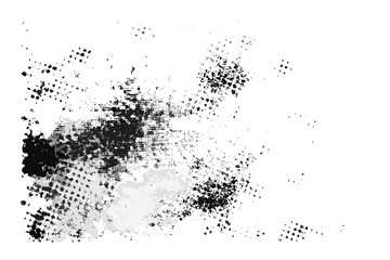 Obraz premium Abstract monochrome grunge texture with distressed halftone pattern and scattered particles on black background
