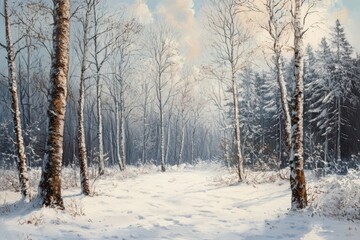 Obraz premium Tranquil winter landscape with snow covered forest and distant trees in soft morning light, winter landscape with forest