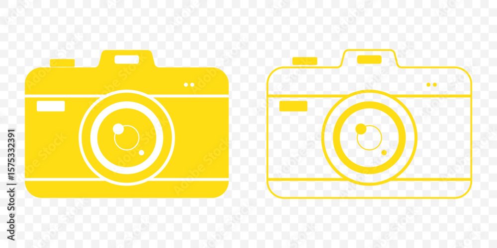 Poster Camera icon set. Photo camera in flat style. Photo camera in flat style. photo camera sign and symbol. Set of camera icon Vector illustration In Yellow Color on Transparent Background. EPS 10.