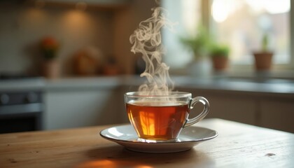 A steaming cup of tea sits peacefully on a wooden table in a warm, inviting kitchen scene.