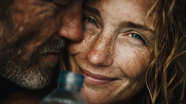 Tender intimate moment of middle-aged couple touching foreheads gently while holding water bottles, soft fresh lighting evoking springtime warmth and affectionate connection between partners.