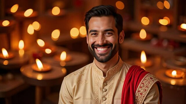 A handsome Indian man smiles at the camera wearing a beige kurta and red dupatta, with softly blurred diya lights in the festive background capturing Diwali spirit.