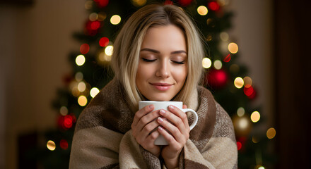 Cozy Christmas Eve Woman Enjoying Warm Drink by Christmas Tree Festive Season Winter Holidays Relaxation Comfort Happiness Peace Joyful Calm Serene Festive Cheer