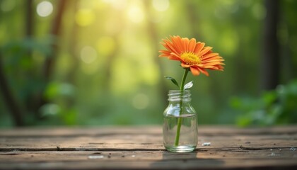 A vibrant orange gerbera daisy stands elegantly in a glass bottle on a rustic wooden table top.