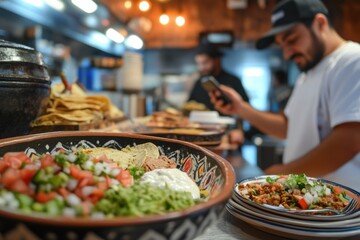 Delicious Mexican cuisine served with a mobile phone in a busy restaurant setting, Food photo with a mobile phone a guy in Mexican cuisine restaurant takes pictures for social media