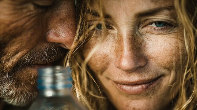 Tender intimate moment of middle-aged couple touching foreheads gently while holding water bottles, soft fresh lighting evoking springtime warmth and affectionate connection between partners. - Powered by Adobe