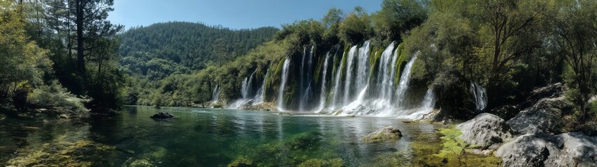 Obraz premium Panoramic hdr 360 degrees view of serene waterfall nature landscape