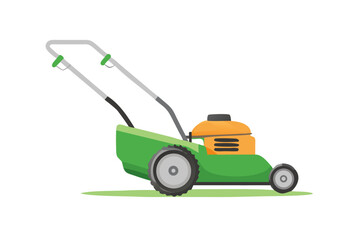 Fototapeta premium A green and orange push lawn mower with large rear wheels and smaller front wheels sits on a patch of grass