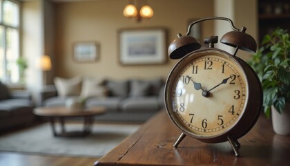 Aged bronze alarm clock sits on a wood surface, showing the time in a cozy interior setting.