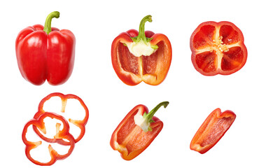 red bell pepper, slices and halves on transparent background