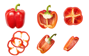 red bell pepper, slices and halves on transparent background