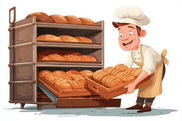 Cheerful baker presenting freshly baked loaves of bread from a wooden tray in a bakery