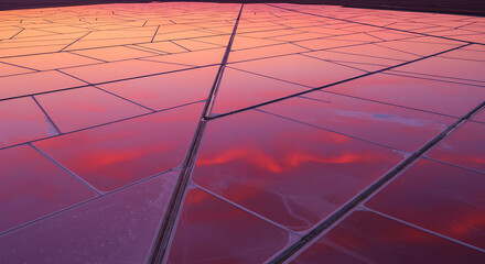 Aerial view of salt ponds reflecting the vibrant colors of the sunset sky, creating a mosaic pattern.